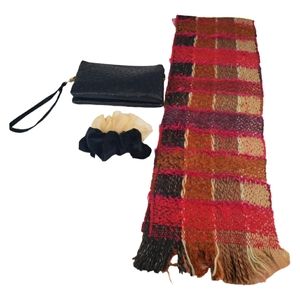 Scarf, Clutch, and Scrunchie Bundle Black/Pink/Camel